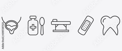 Принти на полотні medical and healthcare icon set with syrup medicine bottle, table of treatments,