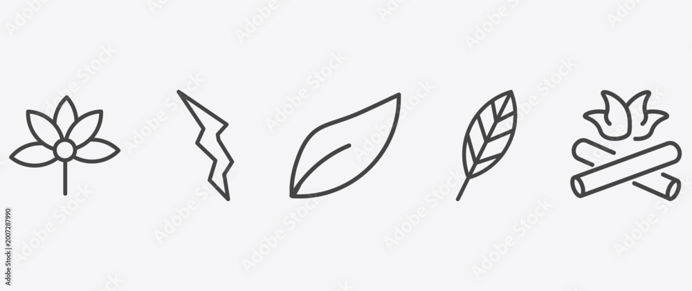 Obraz premium nature icon set with element, orange leaf, lanceolate, camping bonfire signs in flat outline style