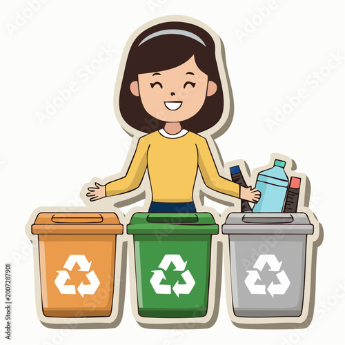 Woman sorting trash into recycling bins