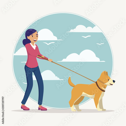 Woman Walking Dog on Leash Outdoors