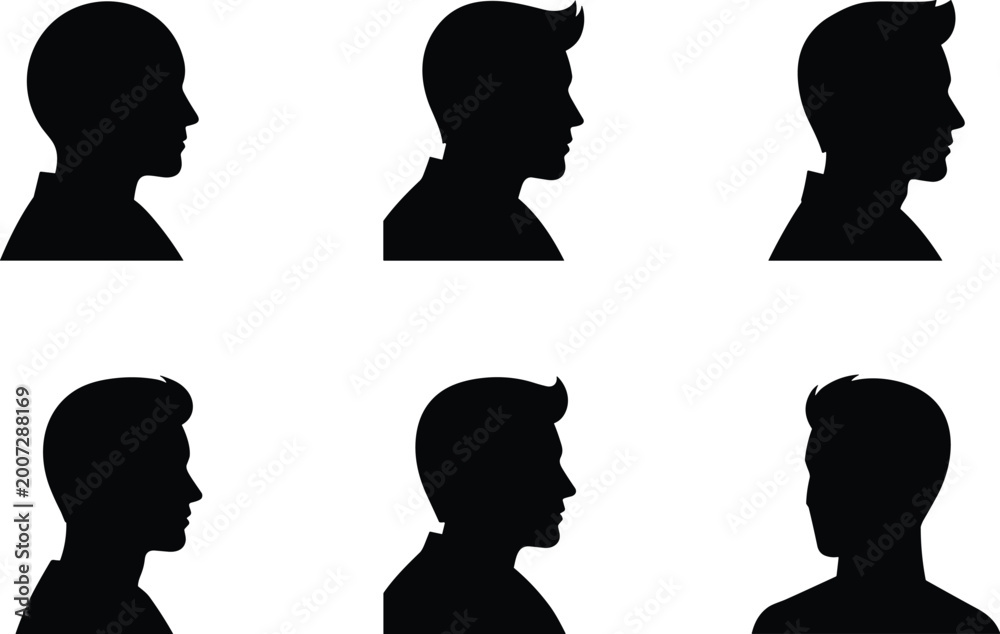 Fototapeta premium Set of male profile silhouette icons showing different hairstyles and head shapes isolated on white background for design and branding