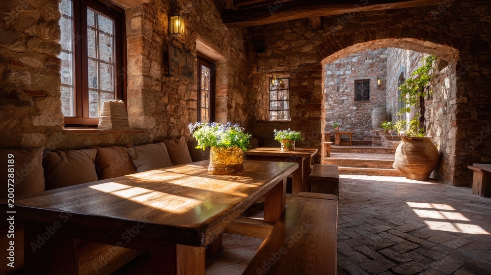 Fototapeta premium Cozy Rustic Interior with Sunlight Streaming Through Windows and Beautiful Plants in a Stone Room