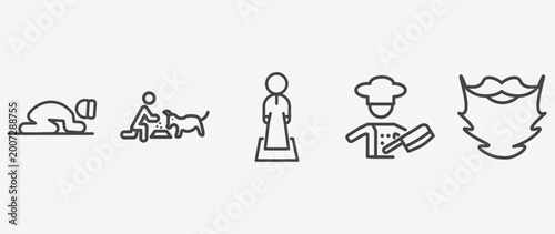 Schilderij op canvas people and relation icon set with feeding a dog, salat, butcher with knife, bear