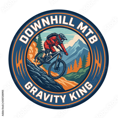 Canvas Print This vibrant logo showcases a mountain biker in action against a scenic backdrop, capturing the thrill and excitement of downhill mountain biking in a bold and energetic design