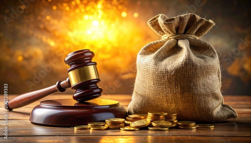 Gavel and money bag on wooden table with gold coins and glowing backdrop
