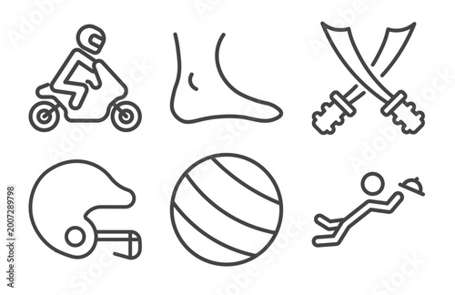 Quadro em tela sport and games icon set with motorbike riding, ankle, baseball helmet, waiter f