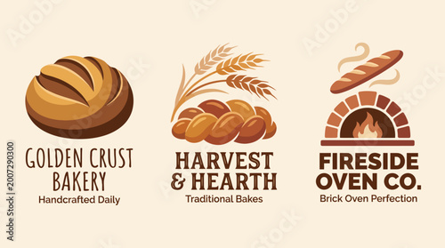 Fotografie Featuring three logos representing artisanal bakery concepts, this collection conveys a sense of handcrafted quality and delicious baked goods for local businesses