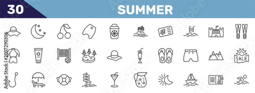 Foto summer icon set with summer hat, moon, cherries, swimming person signs in flat o