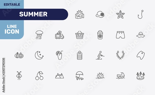 Foto summer icon set with summer sale, pamela, sea star, lake signs in flat outline s