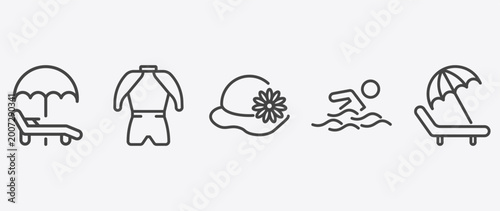Tableau sur toile summer icon set with wetsuit, pamela, swimming person, beach chair signs in flat