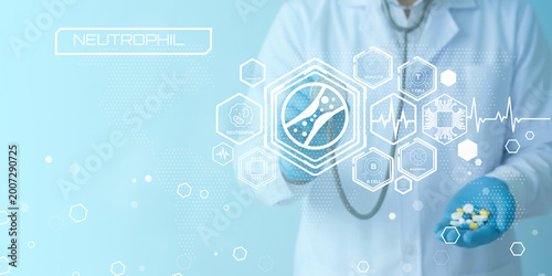 Medical professional examining digital health data with futuristic technology and neutrophil cell representation