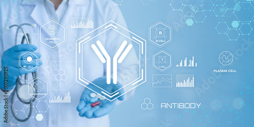 Картината върху платно Medical professional holding antibody illustration with immune cell types and da
