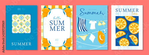 Set of summer Italian posters or covers with tiles, drying clothes, lemon pattern  and frame. Vector illustration