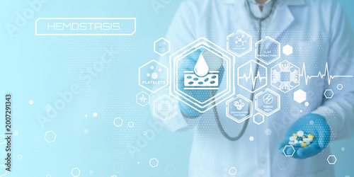 Tableau sur toile Medical professional illustrating hemostasis process with digital interface show