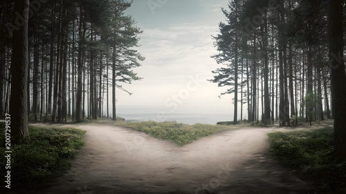 Conceptual background: Dirt road splitting in two in a forest leading to the sea