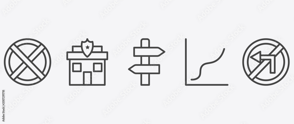 Obraz premium traffic signs icon set with police station, road, curves, no turn signs in flat outline style