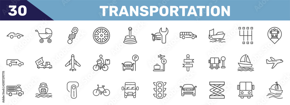 Fototapeta premium transportation icon set with formula 1, baby trolley, shock breaker, sailing signs in flat outline style