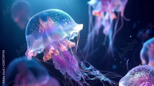 Glowing jellyfish drift in deep blue water with soft neon lighting, creating a calm futuristic atmosphere. Video for technology, AI, science, wellness