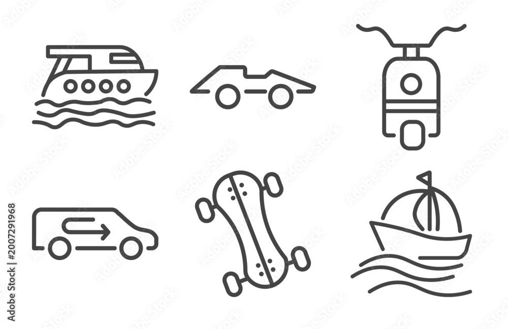 Fototapeta premium transportation icon set with luxury yacht, formula 1, recirculation, sailing signs in flat outline style