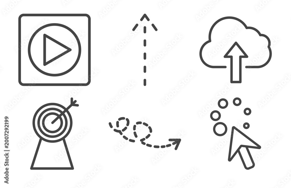 Fototapeta premium user interface icon set with movie play button, up broken line arrow, archery champion, wait cursor signs in flat outline style