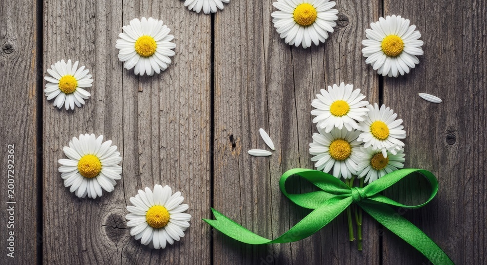 Fototapeta premium Father's day floral arrangement daisies and ribbon on rustic wood background