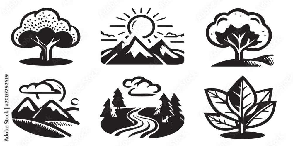 Obraz premium Nature icon set with trees, mountains, sun, clouds, and leaves in black and white