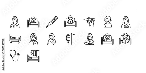 Cuadro en lienzo icon set collection of pediatric care and patient monitoring featuring child patients, nurses, medical thermometers, and hospital stay recovery thin icons