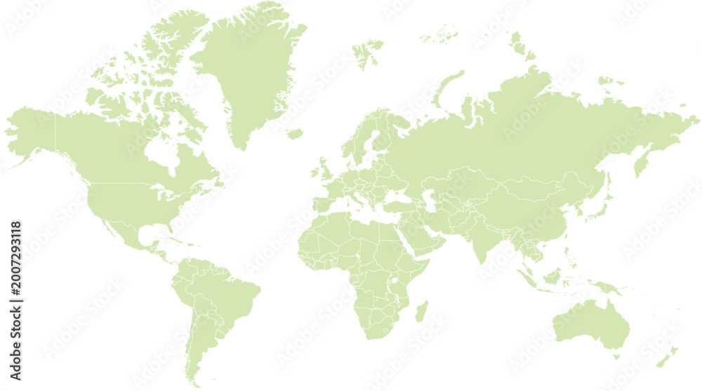Obraz premium World Map Vector, Global Continents Outline, Pale Green Earth Geography