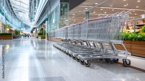 Empty Shopping Carts in Modern Supermarket Aisle with Bright Lights and Clean Floors