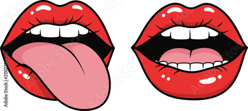 Set of Sexy Red Lips Vector Illustrations Featuring Open Mouth with Teeth and Tongue Out in Pop Art Style for Fashion Beauty and Lifestyle Graphic Design