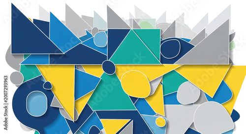 Vibrant geometric shapes in blue yellow green and gray create abstract composition