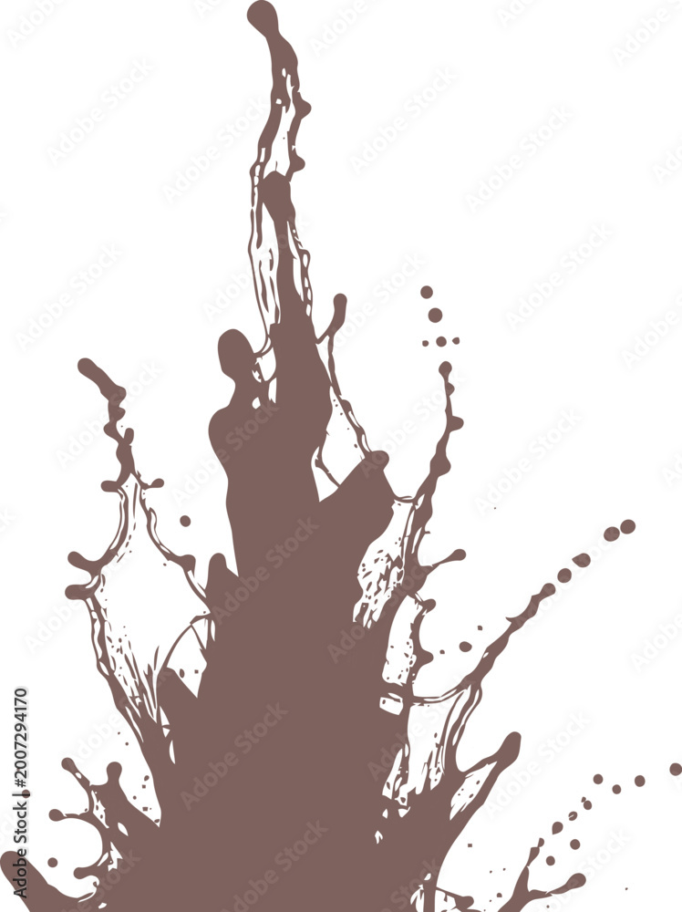 Obraz premium Brown liquid splash and vertical spray element isolated on white background for organic and artistic design projects
