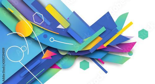 Vibrant abstract geometric shapes in blue green yellow and pink hues on white background creative design concept