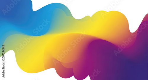 Vibrant abstract fluid wave of gradient colors including blue yellow orange and purple flowing dynamically across a clean white background creating a sense of movement and energy