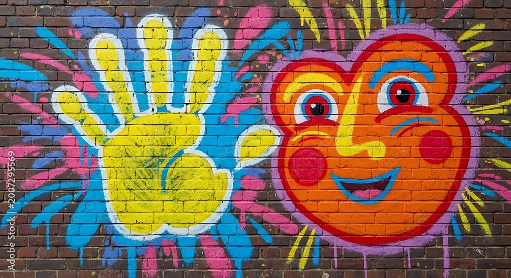 Obraz premium Colorful handprint and smiling face mural art