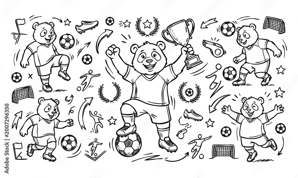 Fototapeta premium Vector doodle set of panda soccer player mascots with football equipment and trophy icons. Hand-drawn black and white line art collection of cartoon characters and sports elements.