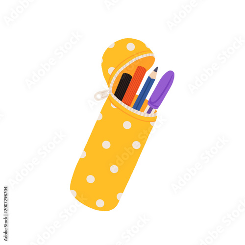 Fényképezés Yellow pencil case with white polka dots, open zipper, inside pen pencil and mar