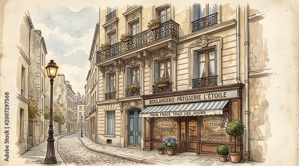 Fototapeta premium A quaint Parisian facade stands on a cobblestone street corner with a lamppost, showcasing a charming European cityscape at daytime.