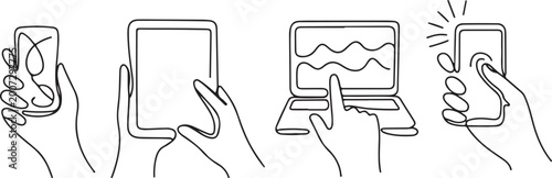 Minimalist continuous line hands using devices smartphone tablet laptop technology concept digital interaction abstract single line drawing modern outline illustration