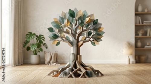 Symbolic tree with strong roots made from layered geometric forms