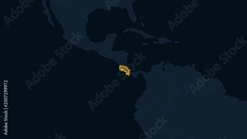 Zooming into a futuristic digital map of Costa Rica with glowing neon borders on a dark HUD background