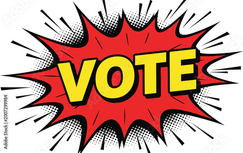 Bold graphic illustration featuring the word vote in comic style