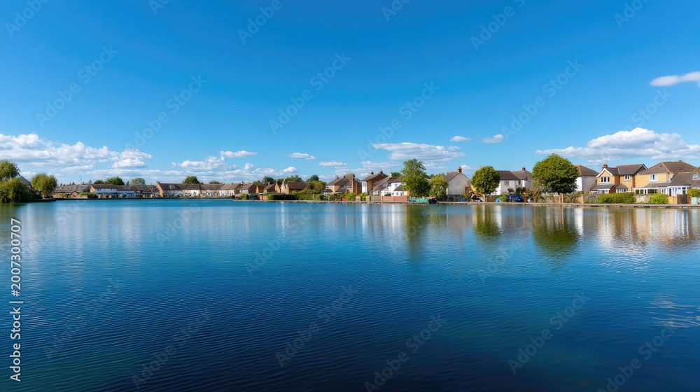 Fototapeta premium Serene Residential Area Reflecting on Calm Water Under Clear Blue Sky with Fluffy Clouds