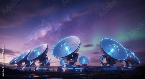 Satellite dishes under starry night sky