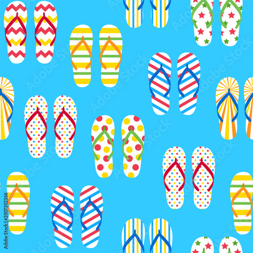 Принти на полотні Colorful flip flop seamless pattern with striped and polka dot sandals on blue background, perfect for summer vacation themes, beach textile prints, wrapping paper, wallpaper, and tropical designs