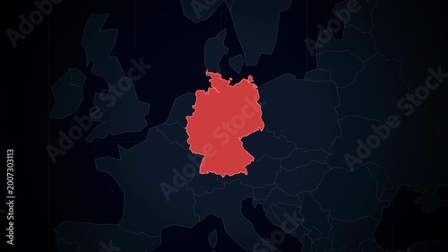 Map of Germany highlighted in red on dark background of Europe  