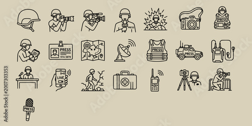 Foto icon set collection of war journalists, combat correspondents, military reporters wearing helmets and vests, recording news in conflict zones