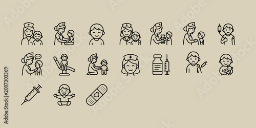 Photos icon set collection of pediatric icons featuring nurses caring for babies, child vaccinations, medical checkups, and friendly pediatric healthcare services