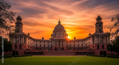 Grand building at sunset with warm sky glow