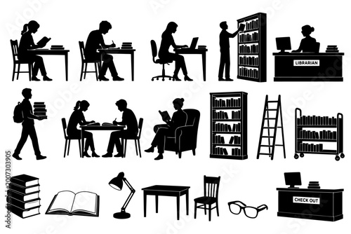Library silhouettes: diverse activities and furniture in a learning environment.